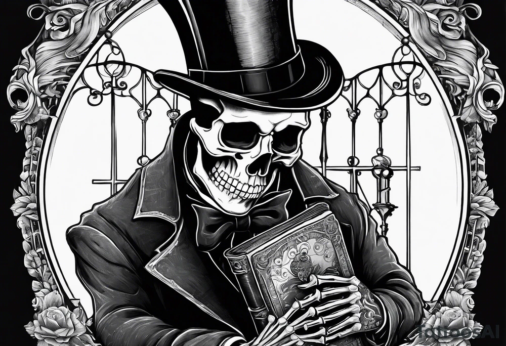 old time skeleton wearing a top hat holding a bible tattoo idea