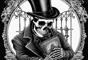 old time skeleton wearing a top hat holding a bible tattoo idea