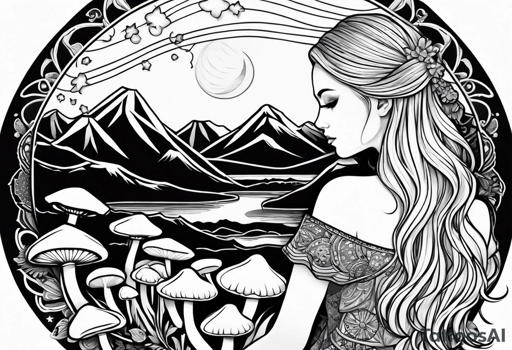 Straight blonde hair girl facing away toward mountains surrounded by mushrooms crescent moon mandala circular design black and white striped dress tattoo idea