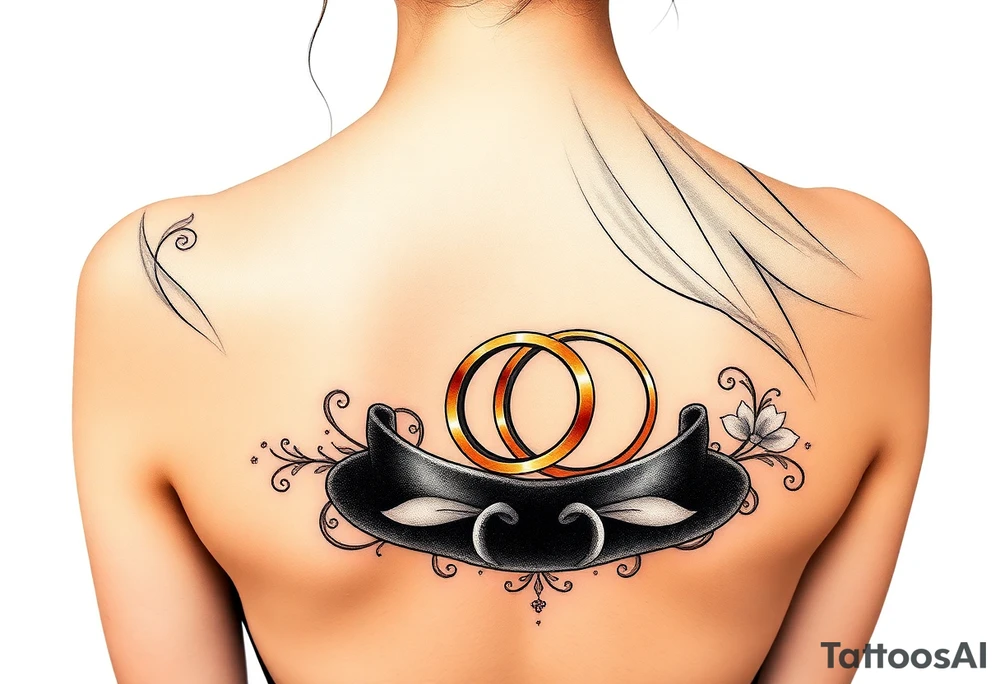 top hat and veil with two golden wedding rings tattoo idea