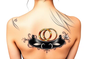 top hat and veil with two golden wedding rings tattoo idea