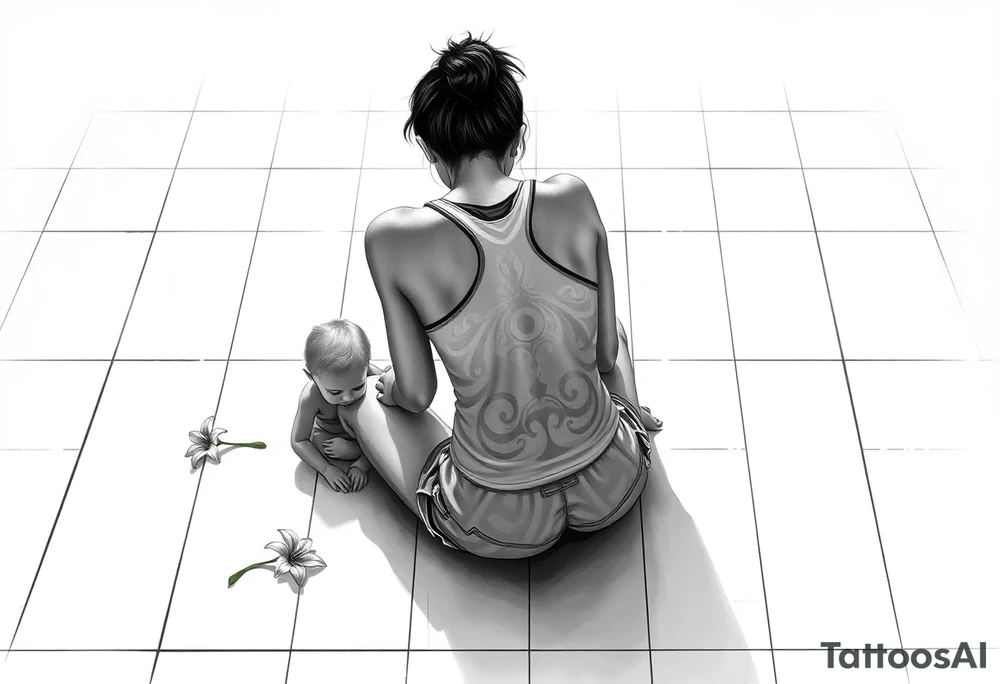 a tile floor with a realistic silhouette of the back of a thin woman sitting curled on the tile floor and the shadow of a young child sitting next to her with a lily next to them on the floor. The woman is wearing a Racerback tank top, running shorts, has dark hair pulled up high, and her head is down. tattoo idea