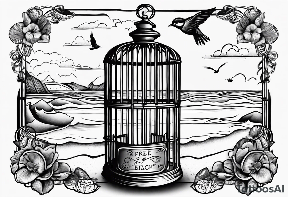 An open birdcage on the Oregon 
beach with the words be free, small enough to be on the wrist tattoo idea