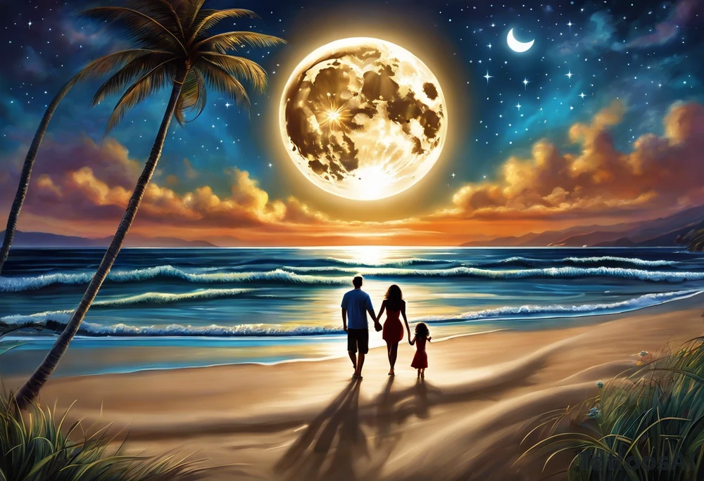 Create a stunning image of a realistic tattoo design that features a husband and wife holding hands, accompanied by their two children, walking along a beautiful beach. The moon shines radiantly in the night sky, illuminating the serene scene. Let your creativity flourish as you envision the intricate details that bring this tattoo to life, encapsulating the essence of love, family, and the awe-inspiring beauty of nature. tattoo idea