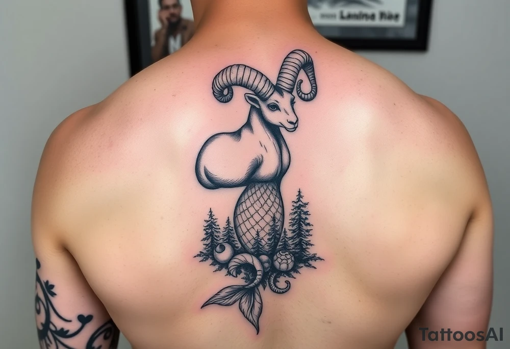 mixed color tattoo as a sleeve on the arm: zodiac sign aries, majestic ram with horns curled upwards, beautiful mermaid and forest around with starry sky tattoo idea