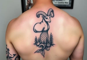 mixed color tattoo as a sleeve on the arm: zodiac sign aries, majestic ram with horns curled upwards, beautiful mermaid and forest around with starry sky tattoo idea
