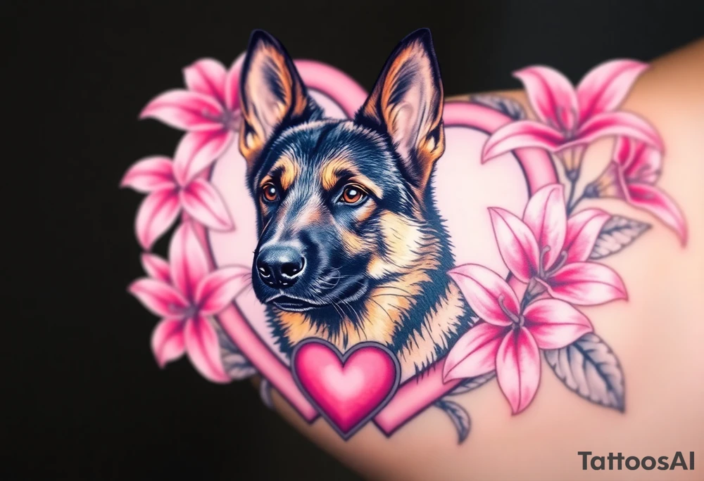 tough looking short haired german shepherd with alert ears surrounded by pink lilies with large leaves in front of a sacred heart tattoo idea