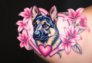 tough looking short haired german shepherd with alert ears surrounded by pink lilies with large leaves in front of a sacred heart tattoo idea