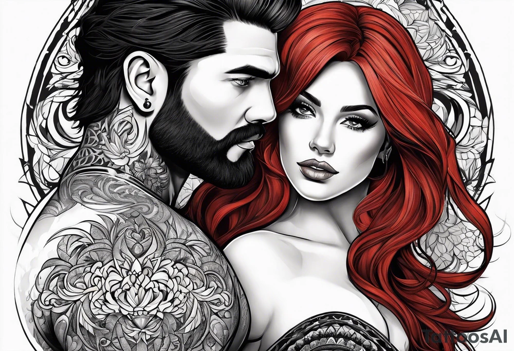 Busty red haired woman with a bearded man who has black hair tattoo idea
