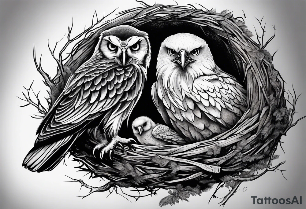 Owl, raven, eagle cuddled in a nest, looking down into the nest tattoo idea