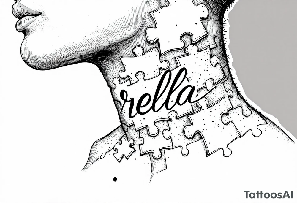 Puzzle piece neck tattoo where one of the pieces says Rella tattoo idea