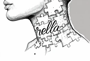 Puzzle piece neck tattoo where one of the pieces says Rella tattoo idea