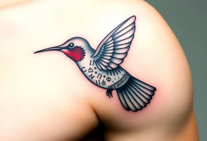 A hummingbird made of sand and hieroglyphs(only red , blue and black are possible colors) tattoo idea