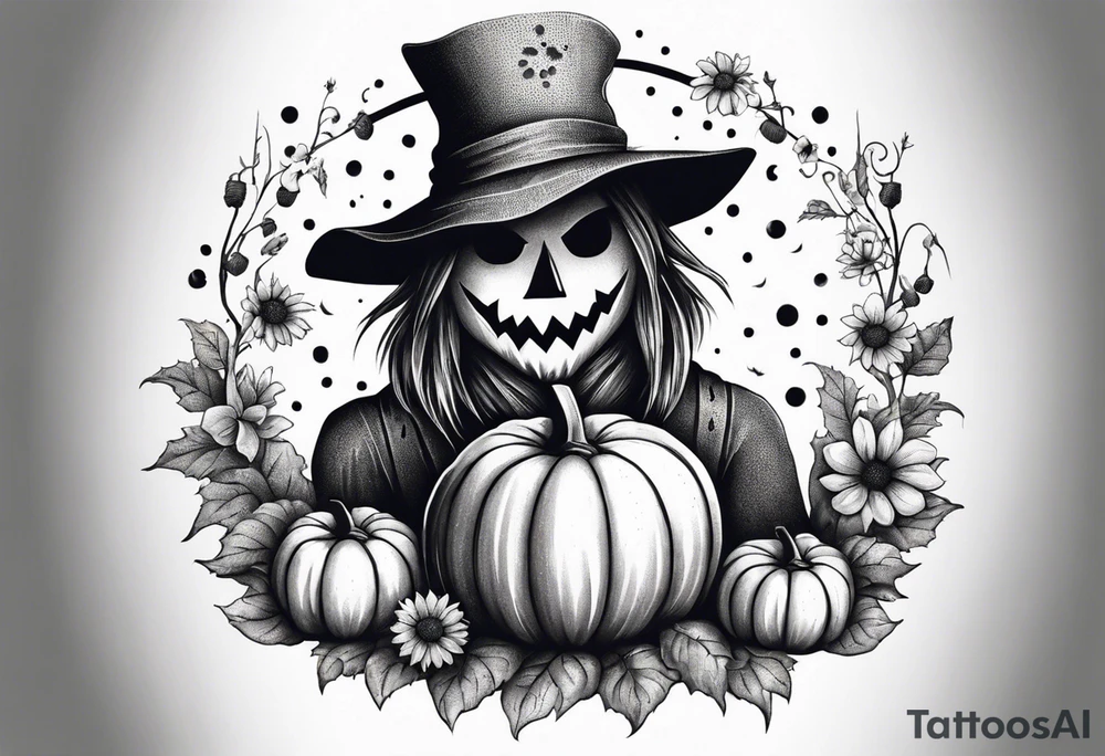 friendly scarecrow with pumpkins and flowers tattoo idea