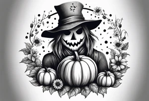 friendly scarecrow with pumpkins and flowers tattoo idea