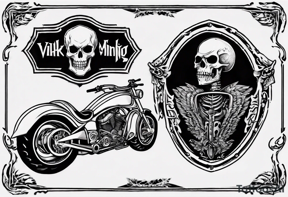 I want a tattoo of a motorcycle and a skeleton in the back with the name “Viking Customs” incorporated in the design tattoo idea