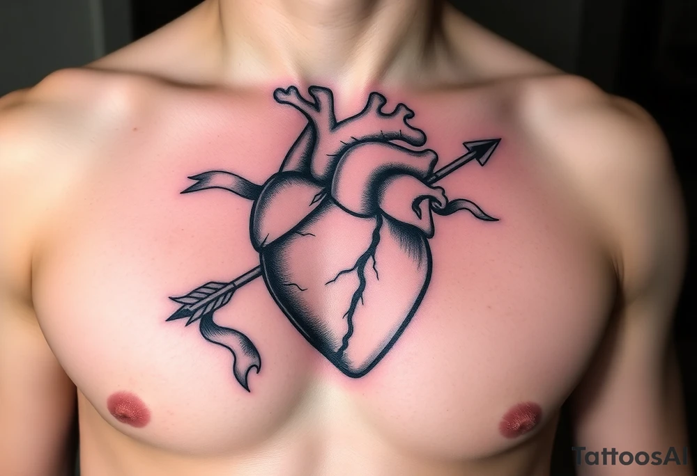 anatomical heart pierced by ornate arrow with flowing ribbons tattoo idea