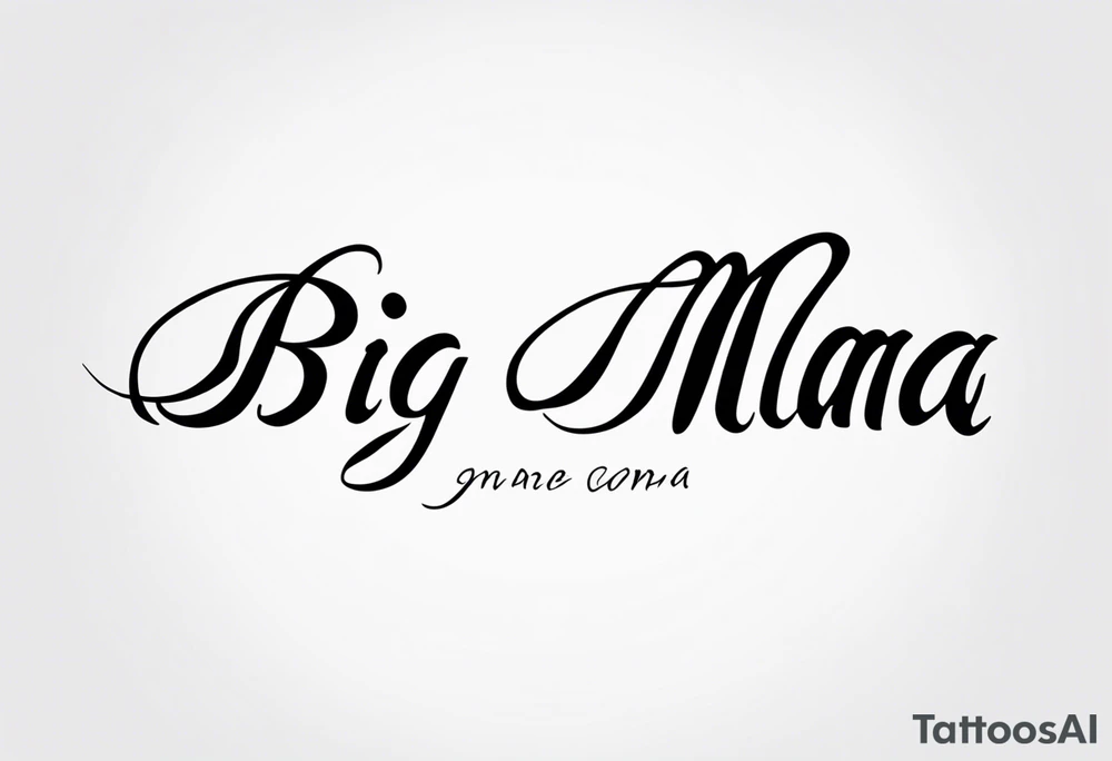 A tramp stamp tattoo of the words “Big Mama” with clean simple script font with delicate underlining and/or subtle embellishments for a more understated approach tattoo idea