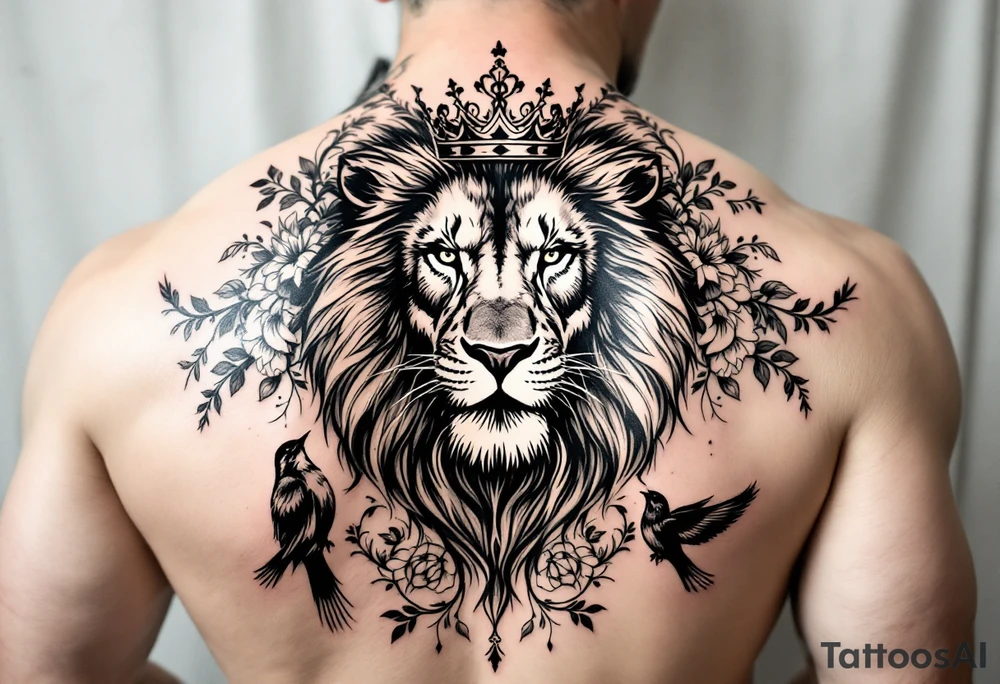 powerful majestic lion with a crown, surrounded by floral ornaments and birds tattoo idea