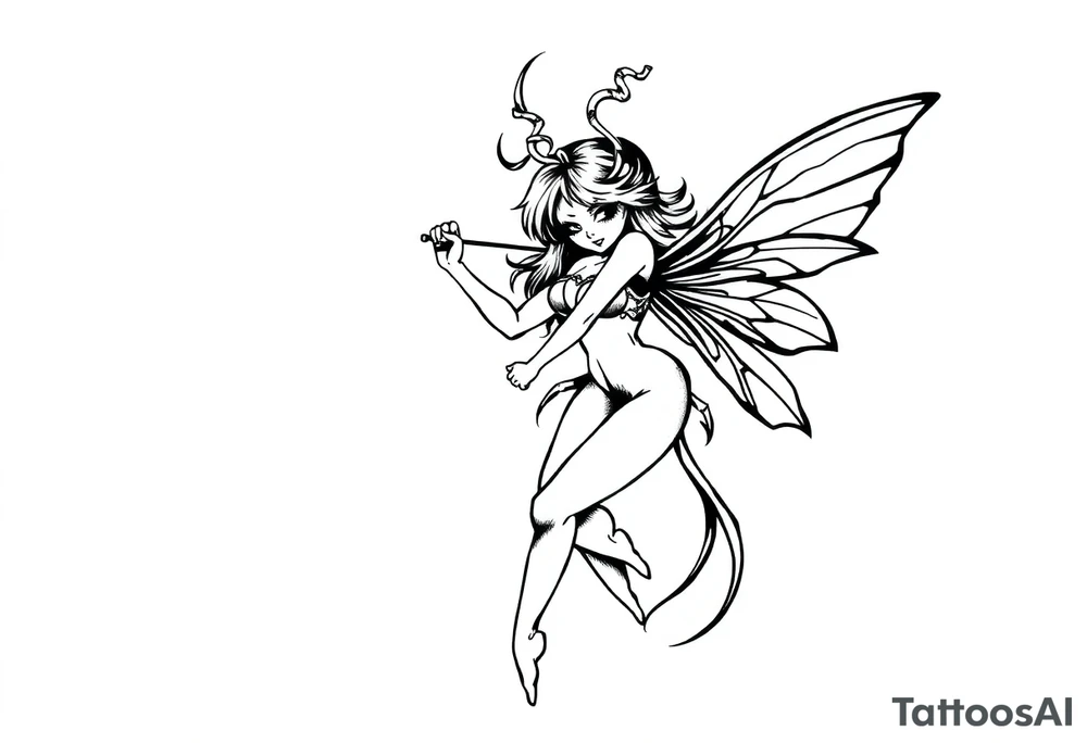 Dark fairy with weapon and big boobs tattoo idea