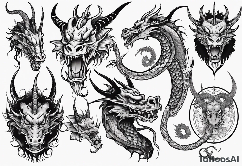 long dragon with horns, mane, scales tattoo idea