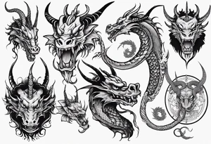 long dragon with horns, mane, scales tattoo idea