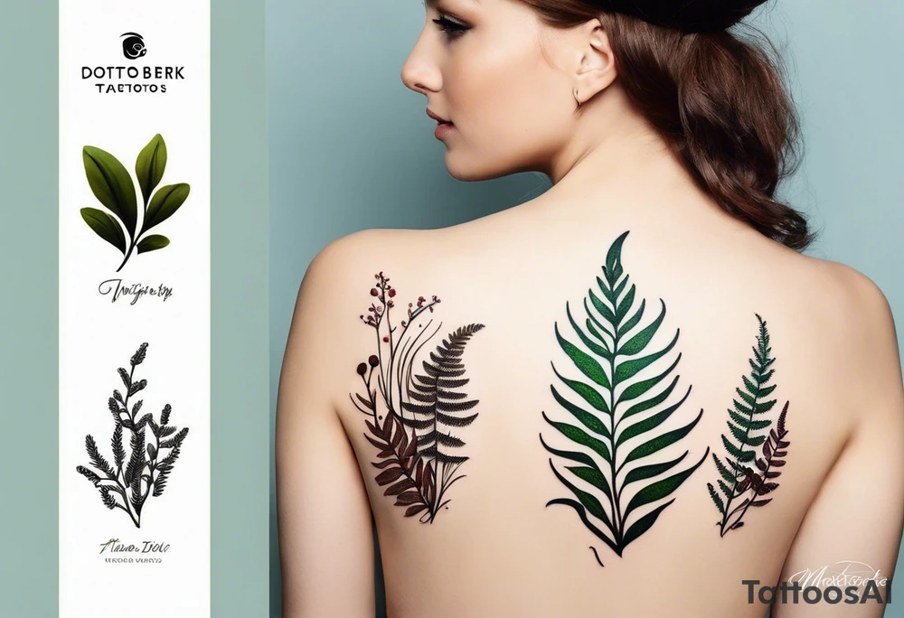 forest floor inspired minimalist tattoo, which includes grass, curly ferns, moss and dead leaves as the bulk of the tattoo. details to include: forest berries, a tiny bumblebee flying nearby, three small brown mushrooms
Generate a vertically long one tattoo idea