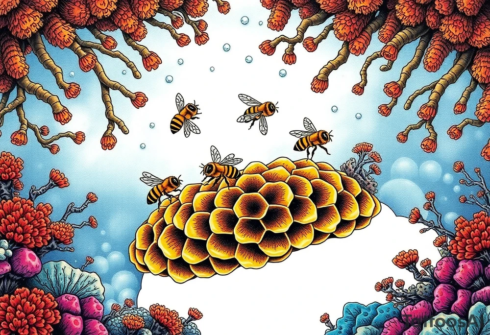 Coral reef scene with honey bees swimming on honey comb tattoo idea
