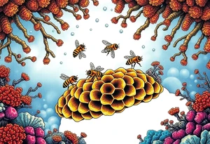 Coral reef scene with honey bees swimming on honey comb tattoo idea