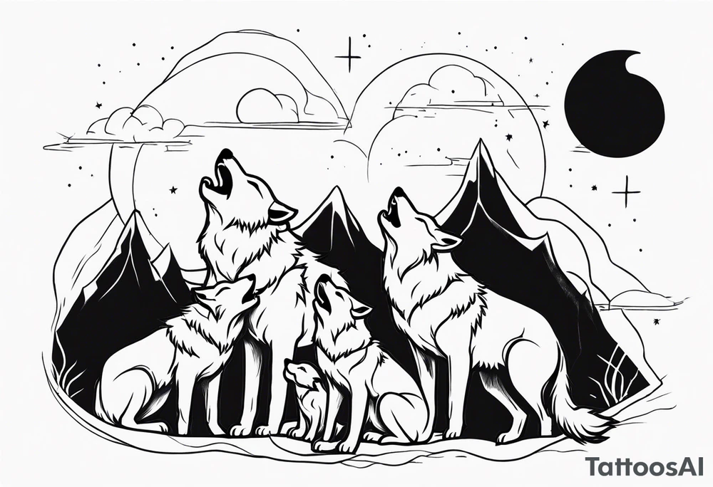 Wolfs with 4 cubs howling at blood moon tattoo idea