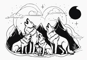 Wolfs with 4 cubs howling at blood moon tattoo idea