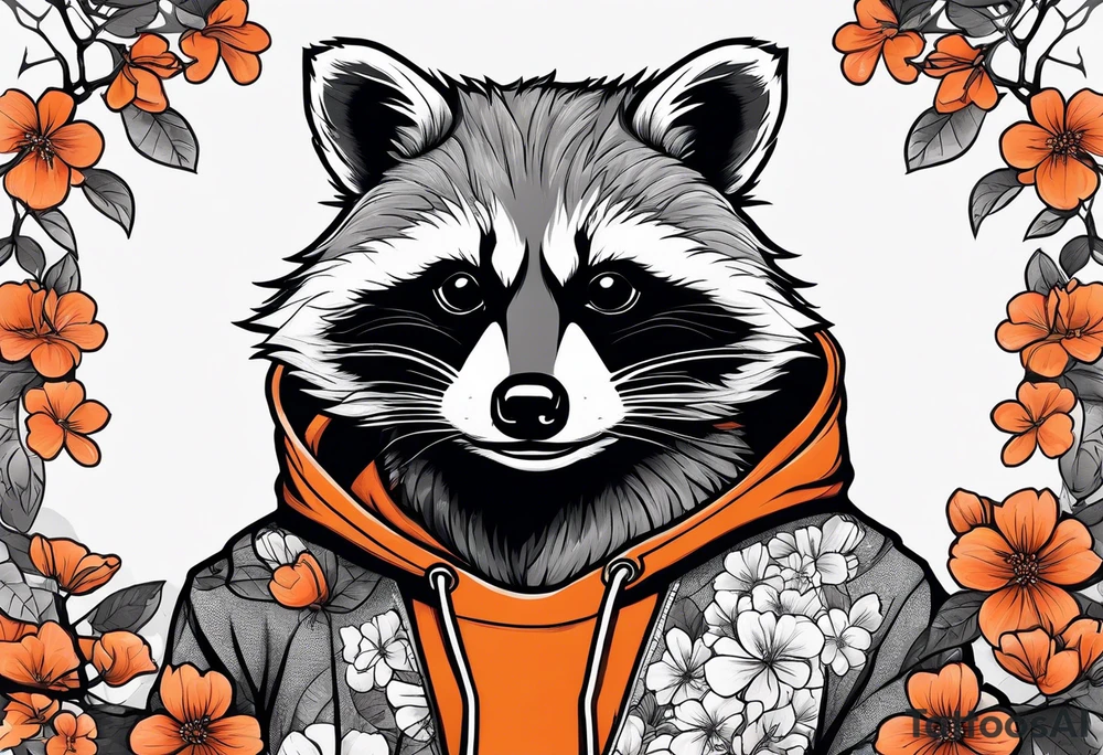 raccoon wearing a black and white Superman hoodie and orange Japanese cherry blossoms tattoo idea