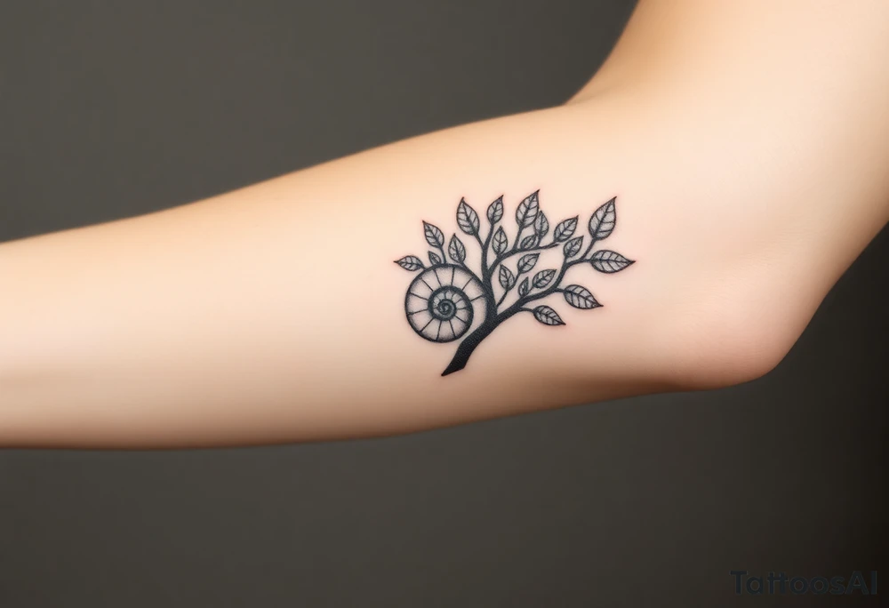 Fibonacci spiral shell on side of tree full of lots of leaves tattoo idea