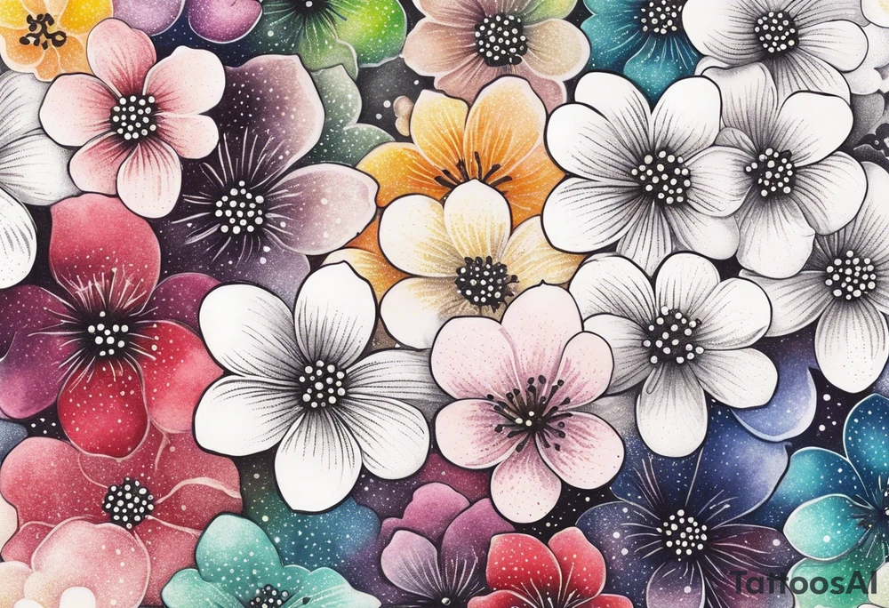 Cherry blossoms and stars in a rainbow of colors tattoo idea