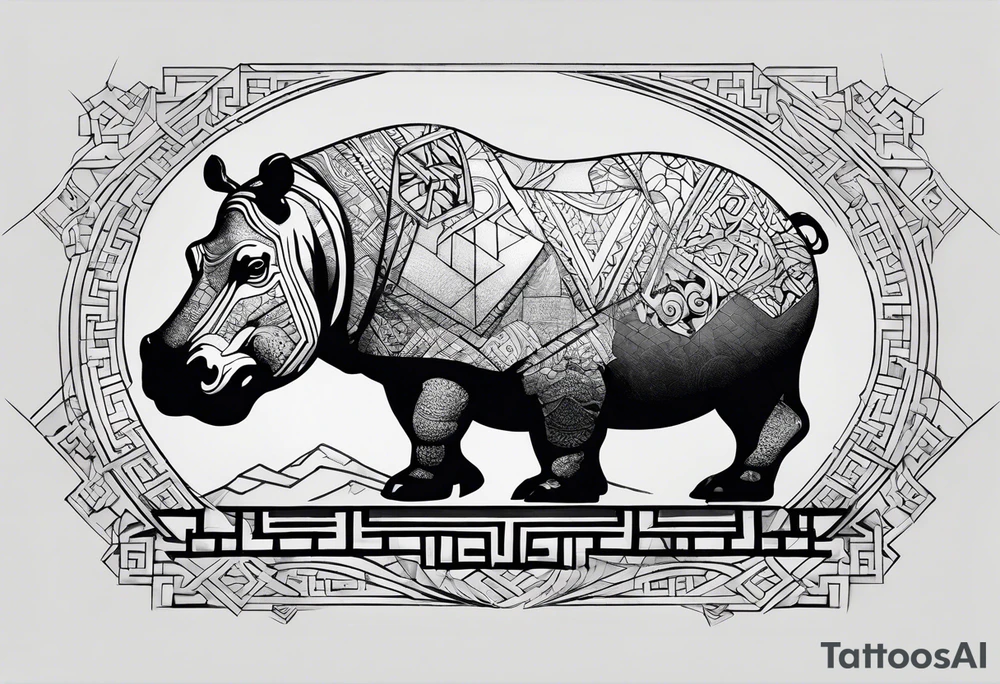 Asymmetrical, geometric, chinese ink art touch, hippo , full moon, tribal, size 9:16 tattoo idea