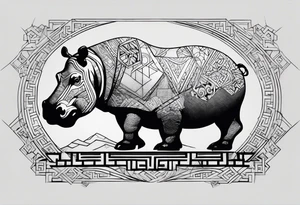 Asymmetrical, geometric, chinese ink art touch, hippo , full moon, tribal, size 9:16 tattoo idea