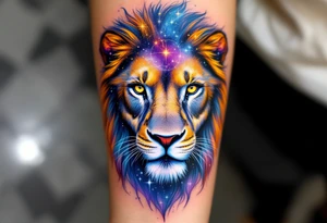 A Leo zodiac symbol and vivid leo star constellation rests between the eyes of a golden lion whose mane dissolves into a trail of starlit purple and blue. tattoo idea
