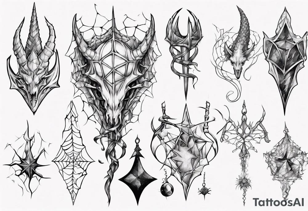 Dragon scales tangled spiderweb unicorn horn shattered chalices spider tattoo idea