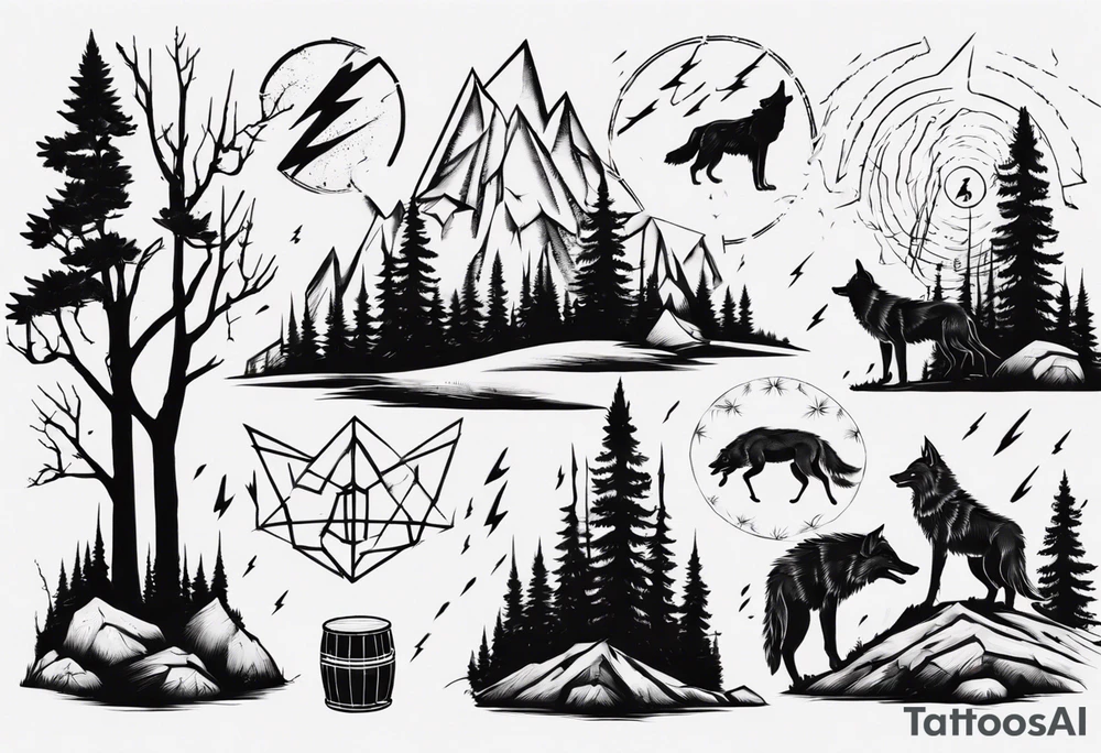 a thunder and lightning storm over a forest with a distant wolf howling and a drums tattoo idea