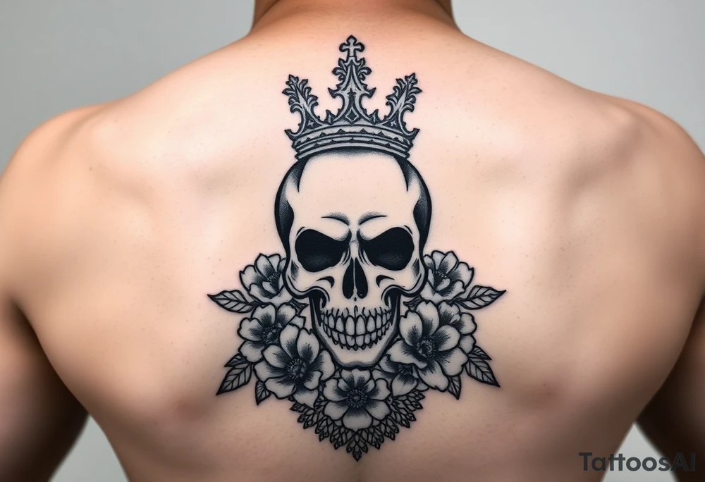 Bold elegant skull with crown surrounded by flowers with lace underneath tattoo idea