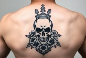 Bold elegant skull with crown surrounded by flowers with lace underneath tattoo idea