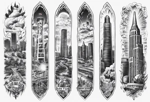 Los Angeles, CA on top and Houston, TX on bottom theme arm sleeve tattoo idea