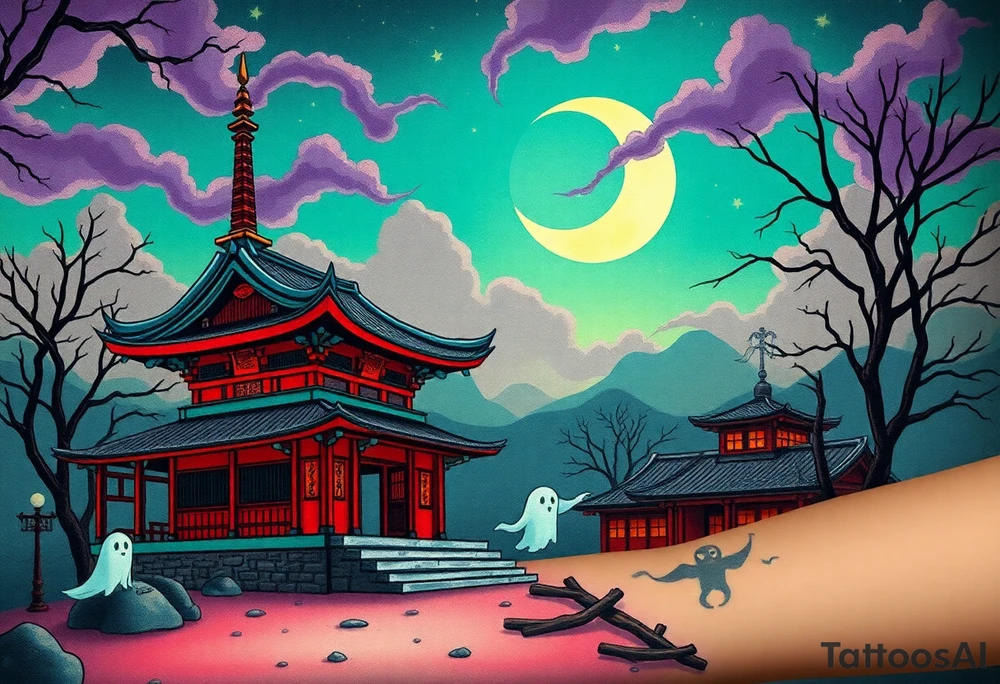 Tim Burton’s haunted pastel Tokyo shrine is abandoned except for one lone samurai ghost and dripping with muted reds, dusty pinks, and eerie green glow.purple and cyan smokey clouds swirl in the crescent moonlit sky thats sprinkled with stars tattoo idea tattoo idea