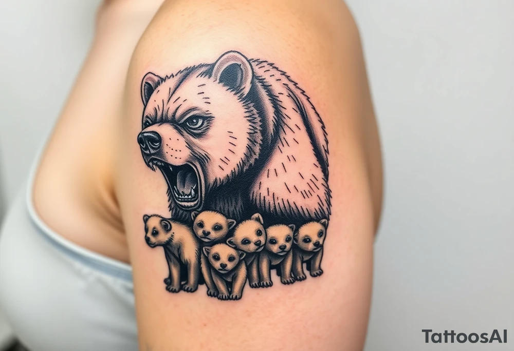 A detailed grizzly bear fiercely growling, as if the face was coming out of the shoulder facing outward with detailed brown eyes standing over 4 cubs,  3 girls and a boy. Make one arm swiping with claw marks tattoo idea