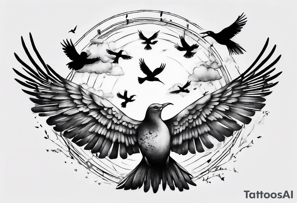 shoulder tattoo with light rays with birds flying free among the clouds, round shape tattoo idea