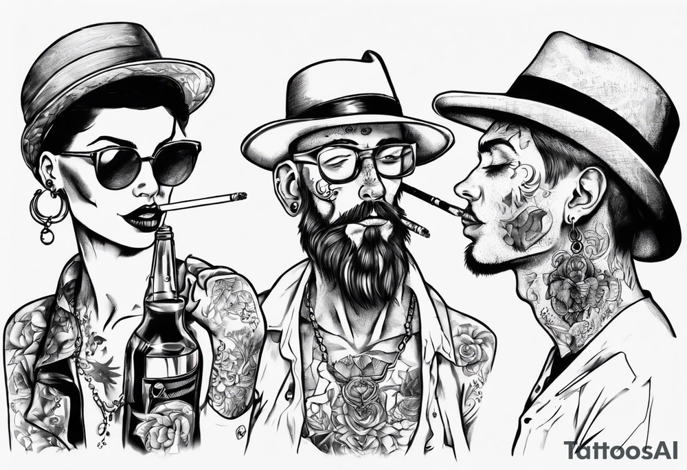 One with one man and one woman, both without hats or glasses. A man with earrings in his ears stands smoking a cigarette, a woman sits with her legs wide apart tattoo idea