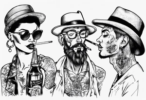 One with one man and one woman, both without hats or glasses. A man with earrings in his ears stands smoking a cigarette, a woman sits with her legs wide apart tattoo idea