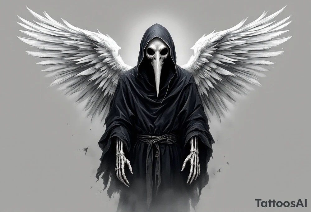Plague Doctor as an Angel of Death – A floating plague doctor with tipical long nose mask with skeletal hands, dressed in a black hooded robe with smoky white edges. Behind them, tattered white and gray angel wings fade into mist. tattoo idea