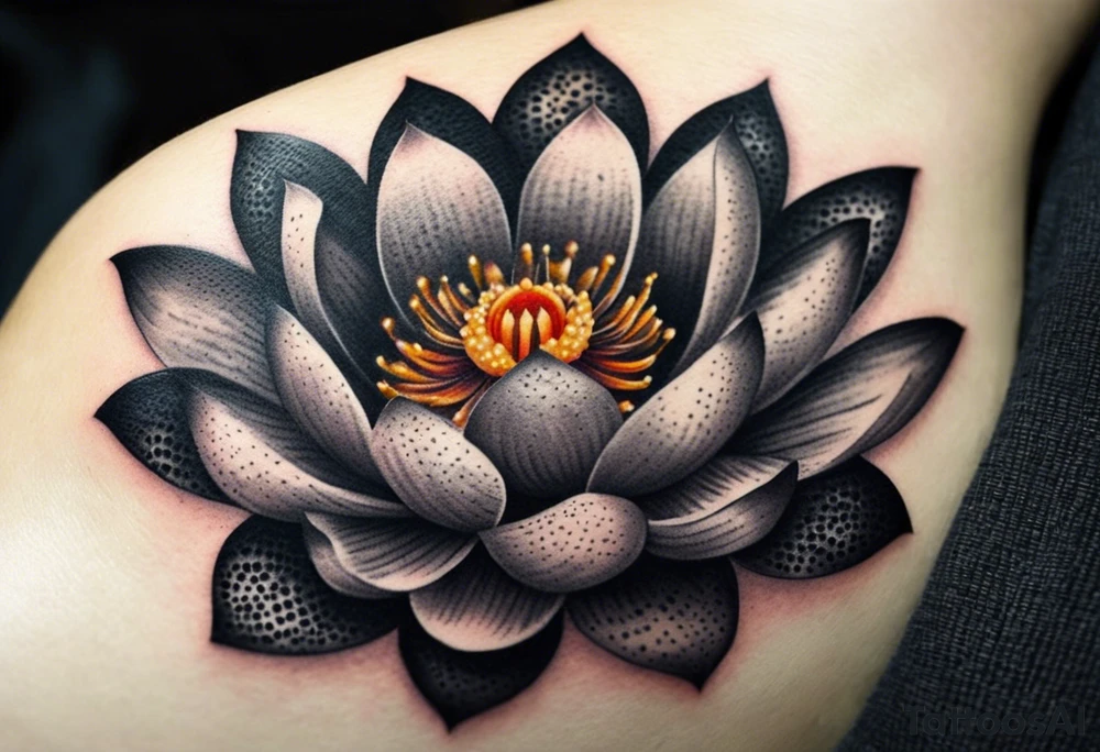 Create a Dotwork tattoo design featuring a lotus flower as the central element. The flower should have detailed, symmetrical petals with soft gradients created using dot shading. Behind the lotus, add a bold, tilted scar running diagonally, with slightly jagged edges and tapering ends. The scar should contrast subtly with the dotwork texture, appearing as a distinct yet integrated element. Use fine dots to create depth and texture while avoiding excessive linework tattoo idea
