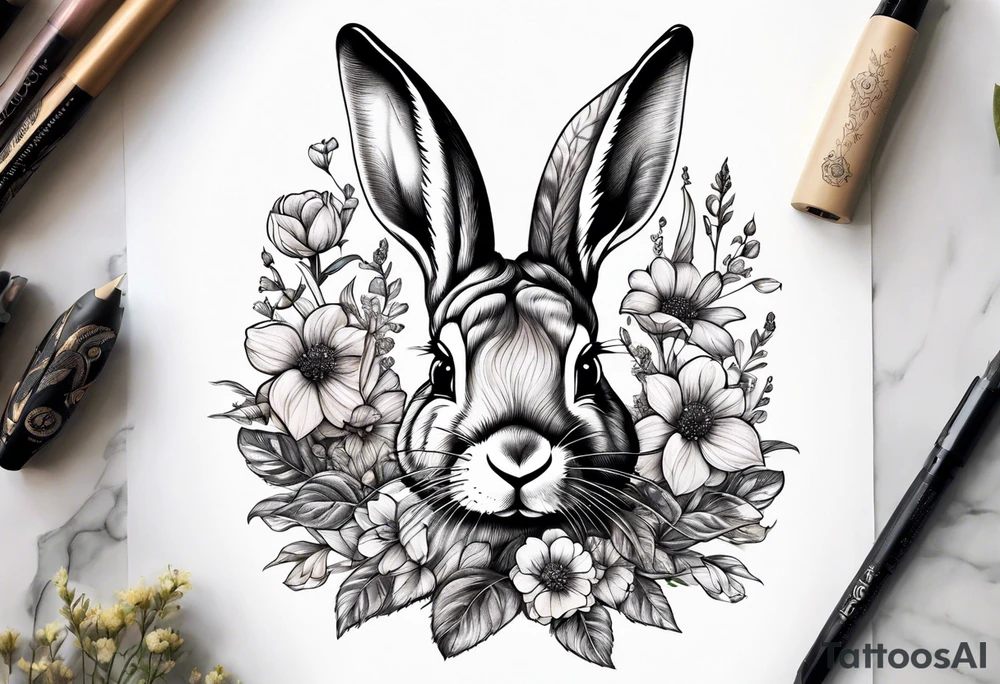 Realistic rabbit head and flowers tattoo idea